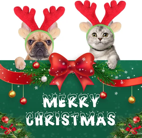 Vista 2 de BWOGUE Conjunto de Diadema de Cuernos de Alce Reno de Navidad para Perro y Bufanda de Rayas Rojo-Blanco-Verde, Disfraz de Navidad para Mascotas