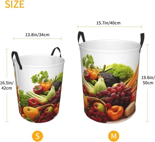 Vista 5 de Cesta circular con estampado de verduras y frutas, impermeable, cesta organizadora de ropa, con asas, para ropa, juguetes, pequeña