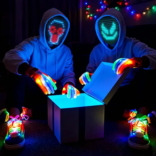 Vista 7 de Juego de 3 guantes y cordones de esqueleto con máscara LED con detección