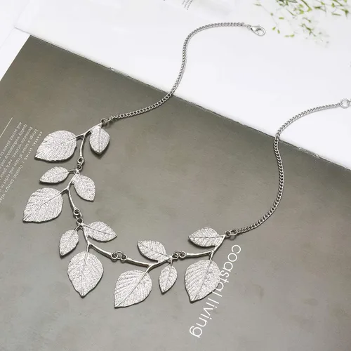 Vista 3 de Collar de hoja con purpurina bohemia para mujeres y niñas, collar martillado con plantas, gargantilla gruesa para la vida del árbol, collar