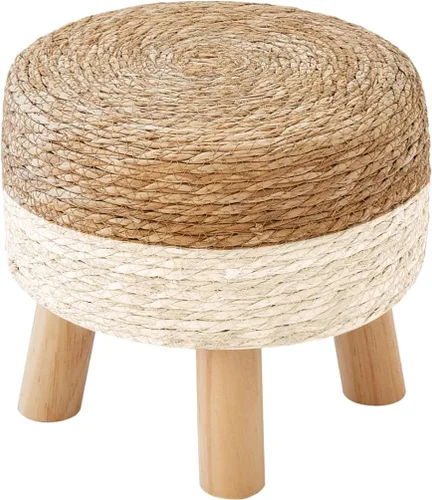 Vista 10 de Taburete redondo otomano natural de algas marinas, taburete de pie con 4 patas de madera, taburete redondo tejido a mano, taburete de sofá, taburete