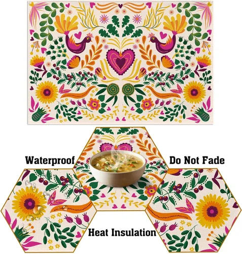 Vista 6 de Sunwer Juego de 4 manteles individuales de fiesta mexicana, diseño floral de Cinco de Mayo, decoración de fiesta del Día de los Muertos, decoración