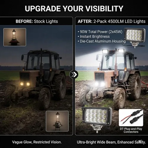 Vista 10 de Barra de luces LED, 2 paquetes de 45 W, 4 x 6 pulgadas, luz antiniebla rectangular, 4500 lúmenes, súper brillante, 12/24 voltios, luces de trabajo
