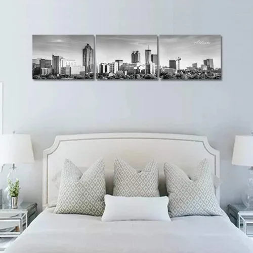 Vista 4 de TUMOVO 3 piezas de arte de pared en lienzo con diseño de horizonte de Atlanta, arte de pared panorámico de paisaje urbano en blanco y negro