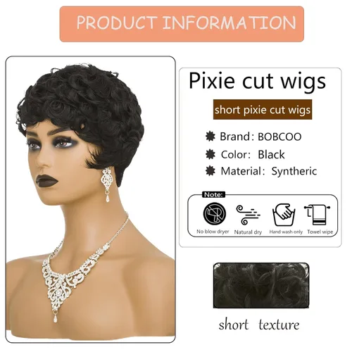 Vista 2 de Pelucas cortas Pixie para mujeres negras, corte Pixie negro natural, pelucas cortas y rizadas afroamericanas, pelo sintético con flequillo