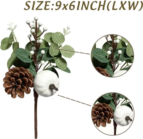 Vista 2 de 6 tallos de vegetación de hojas artificiales de eucalipto con piñas de calabaza blancas para decoración de mesa de boda, otoño, día de Acción