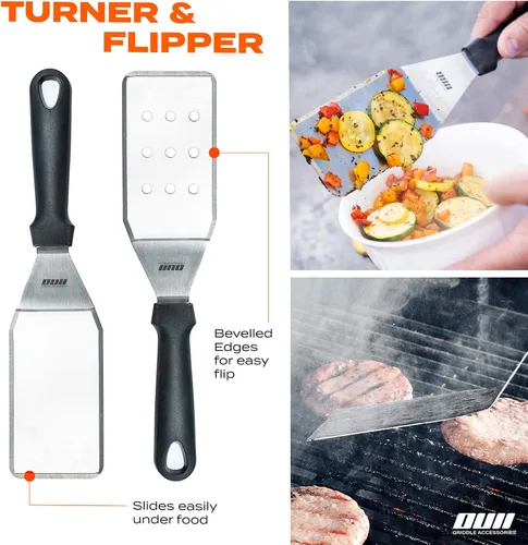 Vista 5 de Accesorios de plancha plana para parrilla Blackstone y Camp Chef - Juego de 9 piezas con kit de limpieza de plancha y bolsa de transporte. Espátula