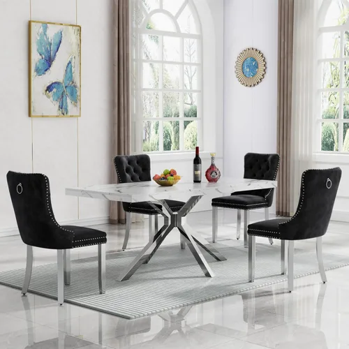 Vista 12 de HomVent Juego de mesa de comedor rectangular para 4, juego de mesa de cocina rectangular, juego de mesa de comedor de mármol sintético, juego