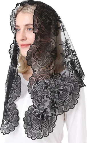 Vista 4 de Cabeza Tradicional Bordado Mantilla Encaje Triángulo Mantilla Velo Latino Masa