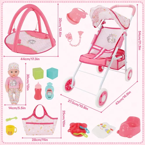 Vista 7 de deAO Juego de Cochecito de Muñeca Bebé con Muñecas Bebé de 12" Juego de Guardería de 17 PIEZAS Accesorios para Muñecas Bebé con Tapete de Juego