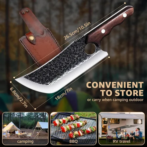 Vista 4 de DRGSKL Cuchillo Hendidor de Carne Forjado a Mano Cuchillos de Carnicero para Padres para Cortar Carne Cuchillo de Chef de Espiga Completa con Funda