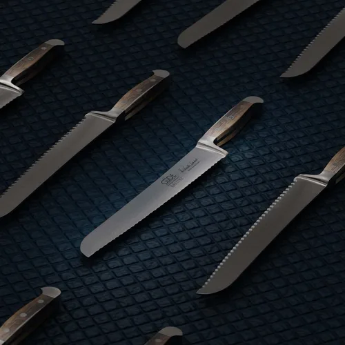 Vista 4 de Güde Alpha Barrel Series Cuchillo de pan de acero inoxidable con mango de roble, 12.5 pulgadas