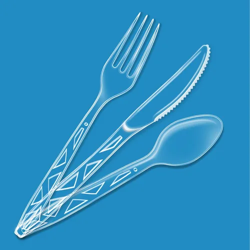 Vista 2 de Amazon Basics Juego de cubiertos desechables transparentes surtidos, calidad premium, 192 unidades, paquete grande combinado de tenedores, cucharas