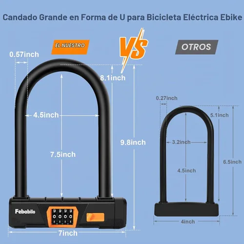 Vista 3 de Candados para bicicleta, antirrobo, combinación de 4 dígitos, combinación reiniciable de 4 dígitos, cerradura grande en forma de U con cable