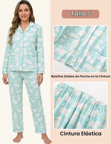 Vista 3 de CHUNG Conjunto de pijama de franela para mujer, tops con botones de algodón cepillado, pantalones S-XL, ropa de dormir, ropa de descanso, acogedora