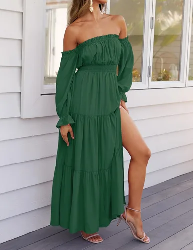 Vista 69 de ZESICA - Vestido largo, bohemio y sexy, con hombros descubiertos y manga larga fruncida, con elástico fruncido, cintura alta y abertura lateral