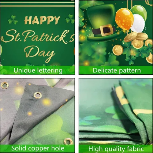 Vista 4 de Decoraciones de pancarta de feliz día de San Patricio, telón de fondo del día de San Patricio de 71 x 45 pulgadas con diseño de trébol de la suerte
