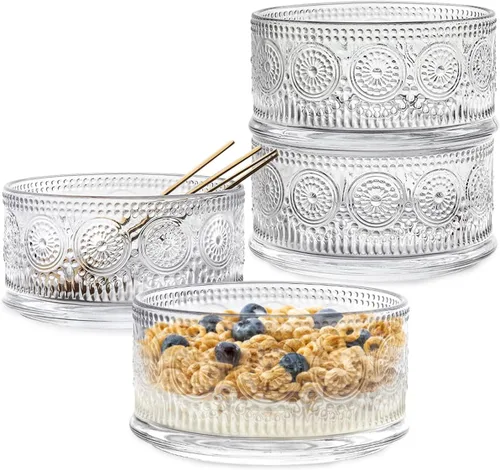 Vista 10 de Cuencos de vidrio para postre, cuenco para servir con cuchara dorada, cuencos para helado de postre, helado, cereales, nueces, pudín