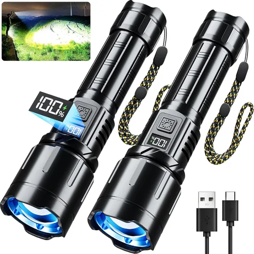 Vista 9 de Linterna recargable KNIBO 99000 altos lúmenes, luz de flash brillante LED Linternas tácticas con pantalla LCD de potencia, 6 modos, impermeable