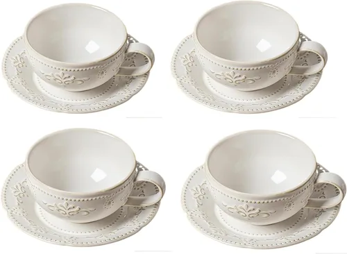 Vista 2 de Tazas de capuchino de 6 onzas con platillos, apto para inauguración de la casa, taza de café de cerámica en relieve para Au Lait, doble shot, latte