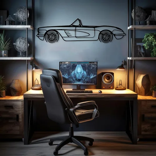 Vista 2 de DecoSoul Corvette C1 1960 - Arte de pared de metal para automóvil, automóvil deportivo, decoración de línea de silueta automotriz, escultura