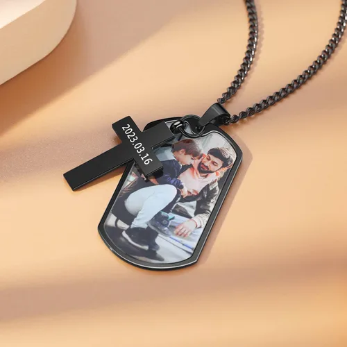 Vista 3 de Collar con foto personalizada para hombres, día del padre, etiqueta de perro con nombre personalizado para hombres, novio, collar conmemorativo