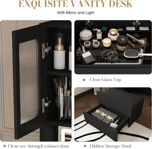 Vista 4 de Runboll Pequeño escritorio de maquillaje con escritorio de vidrio visible, tocador negro 3 en 1 con tapa abatible con espejo iluminado ajustable