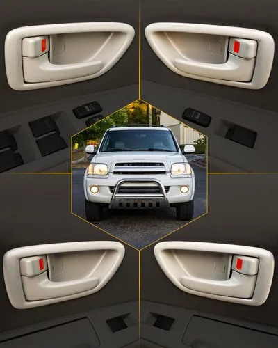 Vista 8 de Juego de manijas de puerta interior con bisel (4 unidades), compatible con Toyota Avalon Sequoia Tundra 2000-2007 (Crew Cabs), beige, delantero