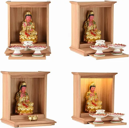 Vista 6 de Estante budista de madera para altar de Buda, Santuario de Buda que ahorra espacio, mesa de casa Pooja Pooja de madera, mesa de altar de meditación
