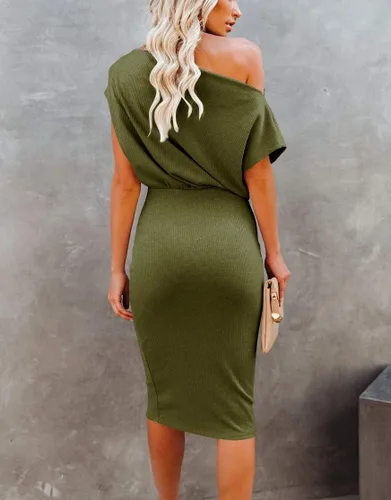 Vista 6 de Ezbelle Vestido por debajo de la rodilla, ajustado, para mujer, con hombro descubierto y manga corta, vestido acanalado informal y de fiesta