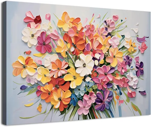 Vista 23 de Arte de pared de flores coloridas, pintura de flores silvestres, color verde azulado, rojo, naranja, textura abstracta, cuadro botánico, impresiones