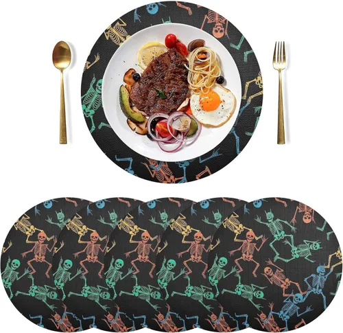 Vista 3 de Skeletons Black Table Placemats, Heat Resistant Non Slip PVC Placemats Round for Kitchen one sizex4