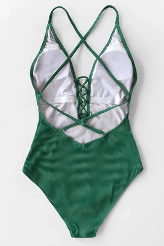 Vista 6 de CUPSHE Traje de baño de una pieza con cordones, cuello en V y color liso para mujer