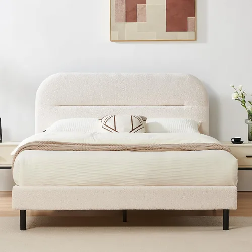 Vista 5 de Furnify Marco de cama tamaño individual, marco de cama tapizado de tela suave con cabecera ajustable, marco de cama de plataforma con esquinas Beige