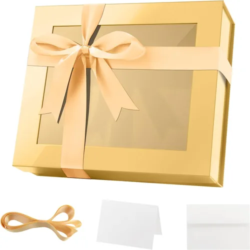 Vista 15 de PACKQUEEN Caja de regalo grande negra con ventana, 13.5 x 9 x 4.1 pulgadas, caja de regalo transparente para regalo, contiene cinta, tarjeta, caja