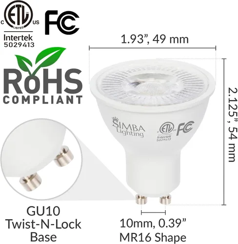 Vista 2 de Simba Lighting Bombilla LED GU10 de 5 W con certificación ETL regulable (paquete de 6) halógena de 50 W de repuesto MR16 forma para acento 2700K