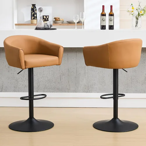 Vista 10 de FIRAVOE Juego de 2 taburetes de bar, taburetes de bar giratorios con respaldo y brazos, silla de bar ajustable de piel sintética de 24 a 34
