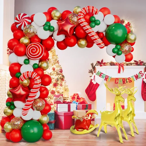 Vista 5 de Kit de arco de guirnalda de globos de Navidad con globos de trineo con lentejuelas rojas, doradas, blancas, verdes, doradas, estrellas, alces