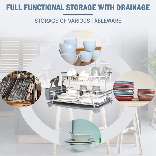 Vista 4 de Escurridor de platos con tabla de drenaje giratoria de 360° y boquilla de drenaje, escurridor de platos de aluminio inoxidable de 2 niveles