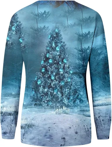 Vista 2 de Conjunto de manga larga con estampado navideño para mujer, cuello redondo, informal, holgada, para ocultar el vientre