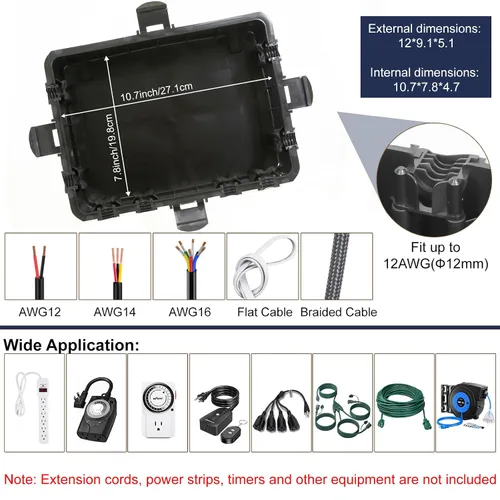 Vista 5 de Caja eléctrica grande para exteriores, impermeable, cubierta de cable de extensión IP54, resistente a la intemperie, protege la regleta