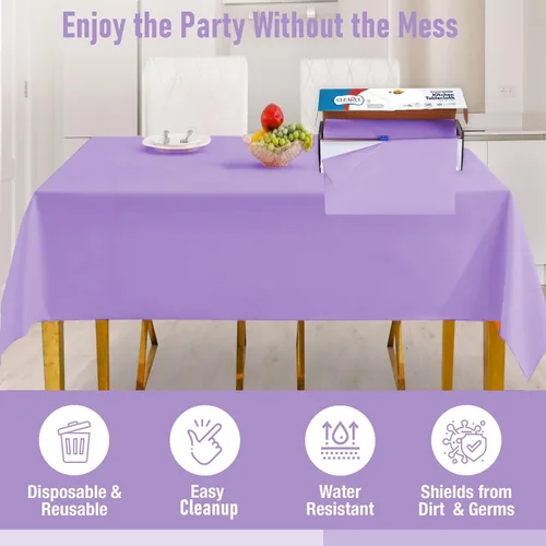 Vista 4 de Rollo de mantel de plástico morado para fiestas, fundas desechables de 12 mesas rectangulares de picnic para bodas, aniversarios, cumpleaños
