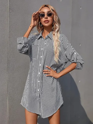 Vista 4 de Romwe Camisas a rayas con botones para mujer, cuello largo enrollado, blusas tipo túnica