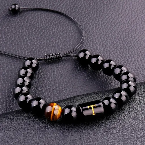 Vista 98 de SUMMER LOVE Regalos para el Día del Padre, pulsera con inicial de piedra de ónix negro de 0.394 pulgadas para hombres, pulsera de cuerda trenzada