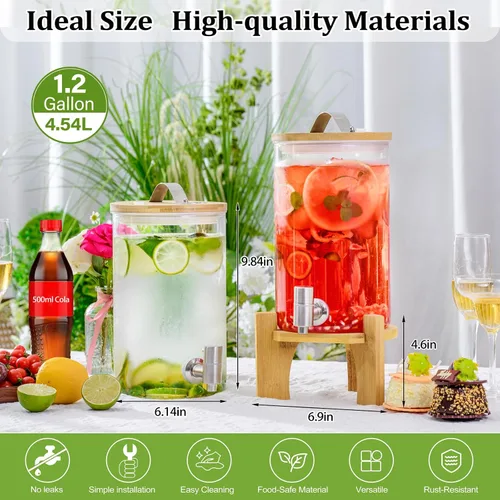 Vista 4 de Dispensador de bebidas de vidrio grande de 1.2 galones para fiestas, dispensador de bebidas con soporte de madera de bambú y grifo de acero