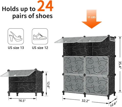 Vista 3 de AWTATOS Zapatero de 6 niveles con puerta, gabinete de almacenamiento de zapatos con 24 pares de estantes organizadores para armario, pasillo, Negro