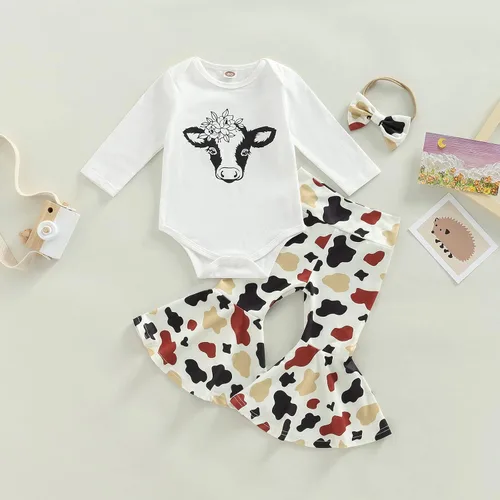 Vista 9 de Conjunto de ropa de bebé occidental para niñas, con estampado de vaca, pantalón y diadema
