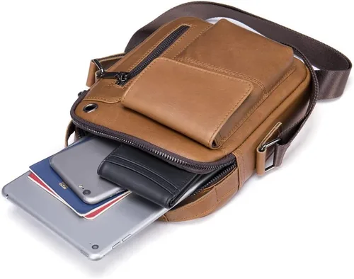 Vista 7 de Hebetag Bolso bandolera de cuero pequeño para hombre, para viajes al aire libre, negocios
