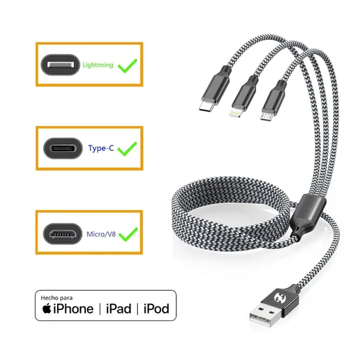 Vista 7 de Cable de carga múltiple de 10 pies, paquete de 2 cables de carga 3 en 1, cable largo de nailon trenzado rápido, cable de carga USB, cable de carga