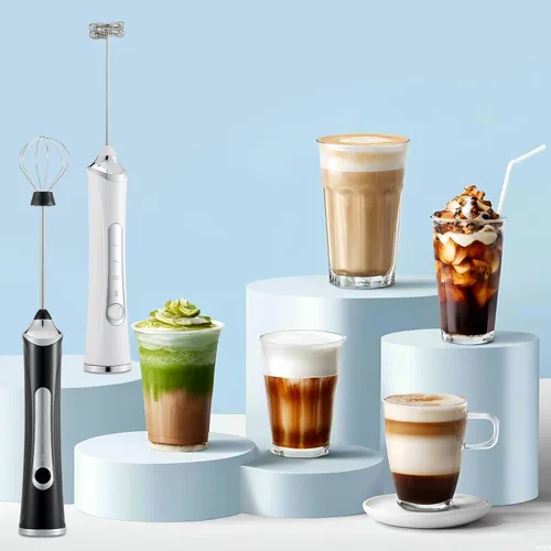 Vista 7 de Espumador de leche eléctrico de mano con 2 cabezas, batidor de café con espuma recargable por USB de 3 velocidades, licuadora de espuma para café